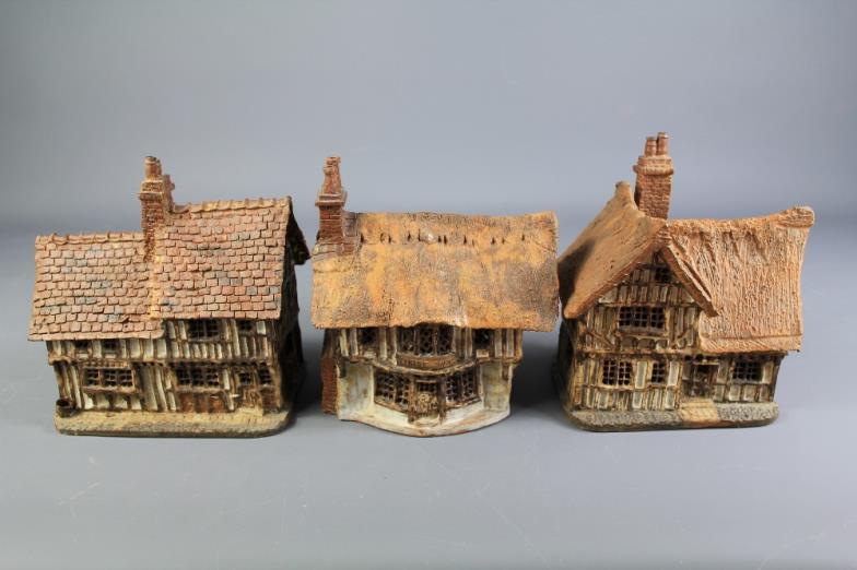 British Bespoke Auctions Three Ceramic Rustic Miniature Cottages